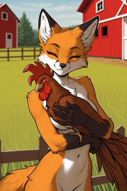 5_fingers ambiguous_gender arm_tuft barn beak bedroom_eyes biped black_body black_fur black_nose breasts brown_body brown_feathers brown_fur building casual_nudity cheek_tuft chest_tuft claws cloud countershade_face countershade_torso countershading day detailed_background dipstick_ears dipstick_tail duo ear_markings embrace eyebrows eyelashes eyes_closed facial_markings facial_tuft farm feathers featureless_crotch female fence feral fingers fluffy fluffy_tail front_view fur gloves_(marking) grass head_markings hug humor inner_ear_fluff leg_markings markings multicolored_body multicolored_ears multicolored_fur narrowed_eyes navel nude orange_body orange_fur outside plant seductive sky smile smirk snout socks_(marking) standing tail tail_markings tree tuft white_body white_countershading white_fur unknown_director avian bird canid canine chicken fox galliform gallus_(genus) mammal phasianid red_fox absurd_res hi_res shaded