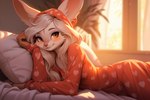 anthro bed bedroom blush bottomwear clothed clothing curtains female fully_clothed furniture fuzzy_logic hair hooded_pajamas inside lagomorph leporid long_ears long_hair lying mammal on_bed orange_eyes pajamas pattern_bottomwear pattern_clothing pattern_topwear pillow pink_nose rabbit smile solo tan_body topwear window