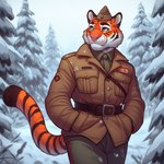 anthro belt black_stripes bottomwear clothing coat felid formal_clothing fur hat headgear headwear jacket male mammal markings military military_uniform necktie nikkolaus orange_body orange_fur pantherine pants pattern_bottomwear pattern_clothing pattern_pants pink_nose plant shirt snow_everywhere snow_on_branches snow_on_ground solo striped_body striped_bottomwear striped_clothing striped_fur striped_markings striped_pants striped_tail stripes sunrise sunset tail_markings tiger topwear tree undershirt uniform