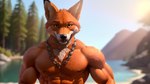 absurd_res anthro areola bumblebee95 canid canine chest_tuft clothed clothing detailed_background fox hi_res jewelry looking_at_viewer male mammal muscular necklace nipples pecs realistic solo topless tuft wallpaper