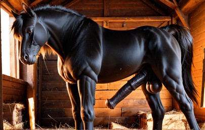 animal_genitalia animal_penis balls black_body black_fur detailed_background equine_penis feral flared_penis fur genitals hay looking_at_viewer male natural_lighting penis quadruped solo standing tail wall_(structure) wood_wall midnightwolf detailed hi_res