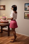 anthro biceps birthday black_hair bottomwear brown_eyes cake chair clothing dark_brown_fur dessert detailed_background dining_room female food furniture hair paws photo pink_bottomwear pink_clothing pink_skirt round_ears skirt solo white_blouse hellapoc deni lutrine mammal mustelid