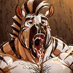 anthro black_stripes bodily_fluids cum cum_in_mouth cum_inside cum_on_face genital_fluids male muscular open_mouth solo stripes tongue tongue_out white_body dragonfox_(director) equid equine mammal zebra