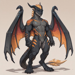 4_toes 5_fingers ambiguous_gender anthro black_body black_scales black_sclera blonde_hair blue_eyes claws countershading dewclaw featureless_crotch feet fingers grey_body grey_scales hair horn male muscular muscular_male mythology nude orange_stripes pupils scales simple_background slit_pupils solo standing stripes tail_tuft toes tuft wings kalethorebiter dragon mythological_creature mythological_scalie scalie hi_res