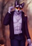 2022 5_fingers abs absurd_res anthro attempted_signature aviator_glasses belt black_body black_fur black_nose bottomwear canid canine canis closed_smile clothed clothing cynfall_northcote eyewear fingers forest forest_background fur glasses hi_res jacket leather leather_clothing leather_jacket leather_topwear looking_at_viewer male mammal multicolored_body multicolored_fur muscular muscular_male nature nature_background navel neck_tuft nose open_clothing open_jacket open_topwear outdoors outside plant portrait shirtless smile solo standing sunglasses three-quarter_portrait topwear tree tuft two_tone_body two_tone_fur white_body white_fur wolf yiffye18