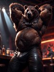 absurd_res alternate_version_at_source anthro armpit_hair belly big_bulge body_hair bottomwear brown_bear brown_body brown_fur bulge clothed clothing colorful detailed detailed_background detailed_fur fur grizzly_bear hair hands_behind_head harness hi_res inviting leather leather_bottomwear leather_clothing leather_pants light lighting looking_at_viewer male mammal musclegut muscular muscular_anthro muscular_male navel notte pants pecs presenting realistic seductive slightly_chubby solo thick_thighs tuft ursid ursine