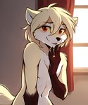 anthro blush chest_tuft curtains digit_ring fur hair inside jewelry looking_at_viewer male navel nude red_eyes ring smile solo tuft wedding_ring white_body white_fur window anontk twokinds clovis_(twokinds) canid canine canis fox mammal wolf hi_res