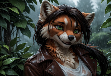 anthro black_hair black_nose blurred_background breasts brown_body brown_clothing brown_fur brown_hair brown_jacket brown_topwear cheek_tuft chest_tuft clothed clothing coat countershading detailed_background eyelashes facial_tuft fangs female forest front_view fur glistening green_eyes hair inner_ear_fluff jacket leaf leather leather_clothing leather_jacket leather_topwear lips long_hair neck_tuft open_clothing open_jacket open_mouth open_smile open_topwear orange_body orange_fur outside plant raining shirt shrub smile solo teeth tongue topwear translucent translucent_clothing translucent_shirt translucent_topwear tree tuft wet wet_body wet_clothing wet_fur wet_shirt wet_topwear whiskers white_body white_clothing white_fur white_topwear crashbandit ailurid mammal red_panda bust_portrait comfyui_(software) custom_merge_(model) detailed digital_media_(artwork) half-length_portrait nai-diffusion-furry-3_(model) novaanimalpony_(model) portrait prompt_metainfo