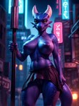 anthro big_breasts blue_body breasts clothing female genitals hi_res horn kobold leather leather_clothing looking_at_viewer marcus64 navel neon_lights nipples non-mammal_breasts non-mammal_nipples prostitution pussy scalie solo