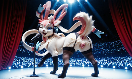 anatomically_correct anatomically_correct_genitalia animal_genitalia animal_pussy anus canine_genitalia canine_pussy clothing concert crowd curtains_open cute_fangs female feral genitals group headphones legwear light light_beam looking_at_viewer microphone one_eye_closed pussy raised_leg raised_tail realistic_feral realistic_lighting ribbons_(anatomy) singing solo spotlight stage stockings tail_anus thick_thighs wink pleasedontlook nintendo pokemon eeveelution generation_6_pokemon pokemon_(species) sylveon hi_res