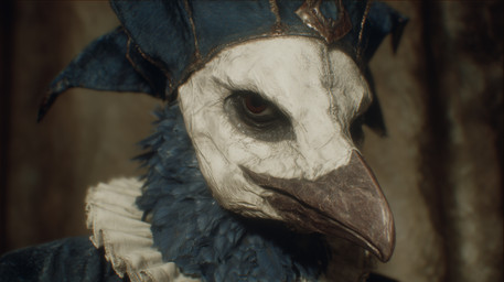 ambiguous_gender anthro beak blue_body blue_feathers blurred_background brown_eyes clothing fantasy feathers fool's_hat hat headgear headwear jester solo youssefalsuccjeeda avian hi_res