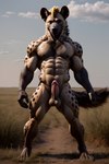 anthro balls bara barazoku big_muscles body_hair chest_hair detailed_background detailed_fur detailed_penis erection fur genitals humanoid_genitalia humanoid_penis looking_at_viewer male markings muscular penis photorealism photorealistic pose realistic realistic_fur realistic_genitalia realistic_lighting savanna smile solo spots spotted_body spotted_fur spotted_markings suddenkobold hyaenid mammal spotted_hyena absurd_res detailed hi_res