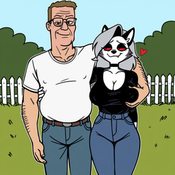anthro breast_grab breasts cleavage clothed clothing crossover duo eyewear female glasses hair half-closed_eyes hand_on_breast human_on_anthro interspecies long_hair male male/female narrowed_eyes smile smiling_at_viewer anonymous_director hellaverse helluva_boss king_of_the_hill hank_hill loona_(helluva_boss) canid canid_demon canine canis demon hellhound human mammal wolf hi_res