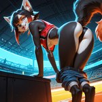anthro bottomwear bra breasts clothing cyberpunk female gym_bottomwear gym_clothing shorts small_breasts solo sports_bra sportswear stadium teeth underwear ft-27 canid canine fox mammal