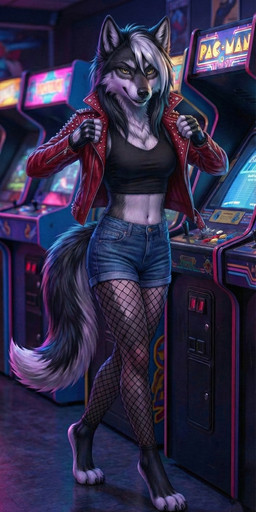 anthro arcade bottomwear clothing cutoffs daisy_dukes denim denim_clothing female fishnet fishnet_legwear hotpants jacket leather leather_clothing leather_jacket leather_topwear legwear neon_lights punk_girl retro shorts topwear mrokiedokie muse canid canine canis mammal wolf absurd_res hi_res