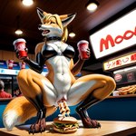 anthro bodily_fluids canid canine exhibitionism fast_food female food food_fetish food_play fox genital_fluids genitals mammal mcdonalds niko public public_exposure pussy pussy_juice restaurant reyneke solo