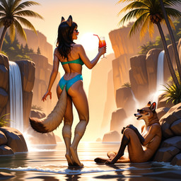 5_fingers anatomically_correct_tail anthro barefoot beverage bikini biped black_hair breasts brown_body brown_fur brown_hair butt claws clothed clothing container cup day detailed_background digitigrade dipstick_tail duo eyewear feet female fingers fur furgonomic furgonomic_bottomwear glasses gloves_(marking) hair holding_beverage holding_object leg_markings male markings nude open_mouth orange_body orange_fur outside palm_tree paws plant sitting sky smile socks_(marking) standing sunglasses sunset swimwear tail tail_markings toes tree tropical water waterfall whisker_markings crashbandit animal_humanoid canid canid_humanoid canine canine_humanoid fox fox_humanoid humanoid mammal mammal_humanoid true_fox comfyui_(software) detailed digital_media_(artwork) nai-diffusion-furry-3_(model) prompt_metainfo wainsfwillustrious_(model)