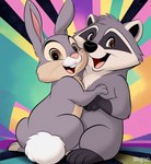 bambi_(film) brown_eyes cuddling disney duo feral fur grey_body grey_fur hi_res hugging inappropriate_handholding lagomorph leporid looking_at_viewer luckydawolf male male/male mammal meeko pocahontas_(film) procyonid psychedelic rabbit raccoon stable_diffusion thumper wolf_sd