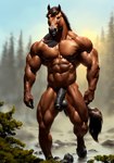 abs absurd_res anthro balls bodily_fluids bumblebee95 cum cum_drip detailed detailed_background detailed_fur dripping equid equine genital_fluids genitals hi_res horse male mammal muscular nude pecs penis realistic solo walking