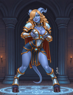 anthro armor armor_plates blizzard_entertainment blonde_hair blue_body blue_eyes breast_grab breast_squish breasts fantasy female glowing glowing_eyes hair hand_on_breast hooves lips looking_at_viewer nails runes solo spread_legs spreading squish tail tendrils gilkardex warcraft draenei humanoid absurd_res hi_res