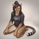 anthro bedroom_eyes black_hair bottomless clothed clothing digitigrade female golden_eyes hair kneeling long_hair looking_at_viewer narrowed_eyes ponytail seductive shirt simple_background smile solo topwear director_crashbandit cheetah felid feline mammal novelai