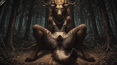 animal_genitalia animal_pussy anthro antlers bone breasts canine_genitalia canine_pussy exposed_breasts female genitals horn mostly_nude presenting presenting_pussy pussy scarf scarf_only skull solo spread_legs spreading teats chase_summerfield demon wendigo hi_res