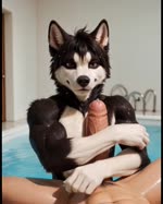 anthro athletic athletic_male bodily_fluids cum cum_in_mouth cum_inside duo fellatio genital_fluids genitals handjob human_on_anthro interspecies male male/male massage oral penile penis penis_grab pool sex ignobler canid canine canis domestic_dog human husky mammal nordic_sled_dog spitz animated huge_filesize webm