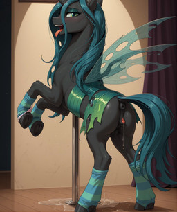 anus black_body blue_hair bodily_fluids butt dancing dripping female feral genital_fluids genitals green_eyes hair hooves insect_wings inside long_hair looking_at_viewer looking_back looking_back_at_viewer open_mouth pole pole_dancing presenting presenting_anus presenting_hindquarters presenting_pussy pussy pussy_juice pussy_juice_drip pussy_juice_puddle saliva saliva_string smile solo tongue tongue_out wings wood_floor remotelychaotic friendship_is_magic my_little_pony arthropod changeling equid equine mammal cropped edit hi_res