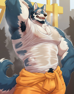 anthro beard big_muscles blue_body blue_fur bodily_fluids bottomwear clothing clothing_around_waist countershading crowd eyes_closed facial_hair fangs fur group hand_behind_head huge_muscles huge_pecs male mature_male multicolored_body multicolored_fur muscular neck_tuft nipple_outline open_mouth orange_bottomwear orange_clothing orange_pants pants pubes shirt shirt_around_waist solo sweat tail tank_top teeth topwear translucent translucent_clothing translucent_topwear tuft two_tone_body two_tone_fur wet wet_clothing wet_topwear white_body white_clothing white_countershading white_shirt white_tank_top white_topwear canid canine canis mammal wolf half-length_portrait hi_res portrait
