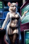 absurd_res anthro bra breasts canineluvr19 chest_tuft cleavage clothed clothing coat eyewear facial_tuft female fur garter_straps glasses hair hi_res inner_ear_fluff lab_coat legwear machine mammal mane mane_hair mouse murid murine panties pink_ears pink_nose rodent seductive skimpy smile solo solo_focus stockings topwear tuft underwear white_body white_fur white_hair