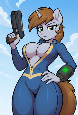 anthro blue_clothing brown_hair cleavage_cutout clothing cloud day eyelashes female fur green_eyes grey_body grey_fur gun hair hand_on_hip handgun holding_object holding_weapon horn inner_ear_fluff looking_at_viewer pip-boy pistol ranged_weapon smoke solo standing tail tuft vault_suit vault_tech_jumpsuit weapon thefuncave fallout friendship_is_magic my_little_pony fan_character littlepip equid equine mammal unicorn hi_res