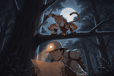 4_toes 5_fingers anthro armband armor armwear backpack big_breasts black_hair bodily_fluids bottomwear branch breasts brown_clothing brown_gloves brown_handwear claws clothed clothed_human clothed_male clothing countershading crouching detailed_background digitigrade duo explorer feet female female_anthro fighting_pose fingerless_gloves fingers flashlight forest full_moon fur fur_trim gloves glowing glowing_eyes hair handwear hanging_breasts hat headgear headlamp headwear helmet holding_map holding_object holding_weapon imminent_attack lamp legband legwear light light_body light_skin loincloth looking_down male male/female male_human map markings melee_weapon moon moonlight multicolored_body multicolored_fur muscular muscular_anthro nature nature_background nervous_sweat night orange_body orange_fur outside paws pith_helmet plant plantigrade polearm pose red_eyes shirt sitting_on_branch sky smug spear striped_body striped_fur striped_markings striped_tail stripes sweat sweatdrop tail tail_markings tan_body teeth thighband toe_claws toes tooth_necklace topless topwear tree tribal tuft weapon white_body white_clothing white_fur wraps burioth felid human mammal pantherine tiger absurd_res dark_theme detailed digital_media_(artwork) hi_res