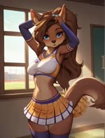 accessory anime_eyes anthro blue_eyes bottomwear breasts brown_body brown_fur brown_hair cheerleader cheerleader_outfit clothing curvy_figure female football_field fur hair hair_accessory hairband hand_on_hip inner_ear_fluff legwear looking_at_viewer navel pose seductive skirt solo thigh_highs tuft voluptuous_female window thebigbradwulf zara_(thebigbradwulf) canid canine canis coyote mammal animated webm