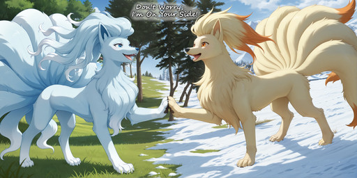 ambiguous_gender blue_body blue_eyes blue_fur canine_ears canine_nose canine_teeth chest_tuft claws cloud day detailed_background duo fangs feral fur grass grassland hair happy mane mane_hair mountain mountains multi_tail multicolored_body multicolored_fur multicolored_tail open_mouth orange_body orange_eyes orange_fur outside pawpads paws plant sky smile snow snow_on_ground tail tan_body tan_fur teeth text tongue tree tuft two_tone_body two_tone_fur white_body white_fur notthatclassic nintendo pokemon alolan_form alolan_ninetales canid canine fox generation_1_pokemon generation_7_pokemon mammal ninetales pokemon_(species) regional_form_(pokemon) absurd_res hi_res