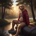 anthro bird_dog canid canine canis clothing creek domestic_dog forest genitals hoodie hunting_dog labrador male mammal merkindesr nude penis plant retriever slightly_chubby solo topwear tree