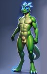 2023 animal_genitalia anthro balls blue_claws blue_eyes blue_horn claws fully_sheathed genitals green_body green_tail horn looking_at_viewer male nude penis pink_penis sheath smile solo standing toe_claws jasonafex vergence dinosaur reptile scalie colored hi_res