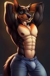 abs absurd_res anthro ascar big_bulge bottomwear brown_eyes bulge canid canine canis chest_tuft clothing dark_background denim denim_clothing dobermann domestic_dog flexing hands_behind_head hi_res jeans looking_at_viewer male mammal nipples pants pecs pinscher solo solo_focus tuft