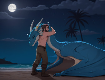 <3 arm_hair beach beard blue_body blue_scales body_hair boots bottomwear brown_hair clothing cloud countershading duo embrace eyes_closed facial_hair female feral fin footwear hair happy head_fin horn horn_jewelry horn_ring hug interspecies larger_female long_neck male male/female moon mythology night outside pants ring_(jewelry) scales sea seaside shirtless side_view size_difference sky smaller_male text tropical water white_body white_countershading white_horn wholesome_content terraraptor world_of_midria dragon human mammal mythological_creature mythological_scalie scalie wyvern director_name hi_res