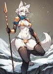 anthro atlus breasts canid canine canis cleavage clothed clothing dinah_(unicorn_overlord) female fox hi_res mammal melee_weapon navel polearm sega solo spear tuplet12 under_boob unicorn_overlord vanillaware weapon white_body