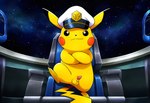 animal_genitalia anus chair crossed_arms driving furniture genitals headgear male on_chair on_one_leg one_leg_up penis presenting presenting_penis raised_leg smile smiling_at_viewer solo space spacecraft standing tail_down tapering_penis vehice vehicle jomisa nintendo pokemon captain_pikachu generation_1_pokemon pikachu pokemon_(species)