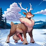 animal_genitalia animal_penis antlers balls blush bodily_fluids cloud equine_penis feral fluffy genital_fluids genitals hooves horn leaking_precum male open_mouth penis precum snow solo winter winter_background phazon cervid generation_5_pokemon mammal pokemon_(species) sawsbuck hi_res