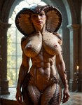 anthro big_breasts breasts brown_body brown_scales female looking_at_viewer nipples non-mammal_breasts scales snake_hood solo thick_thighs niru human humanoid hybrid mammal reptile scalie snake hi_res