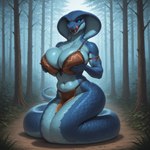 anthro apode black_sclera blue_body blue_eyes blue_scales bottomwear bra breasts brown_clothing clothing dirt female fog forest holding_breast legless loincloth navel non-mammal_breasts outside plant scales serpentine solo tail tree tribal underwear zoc cobra draconcopode naga reptile scalie snake hi_res
