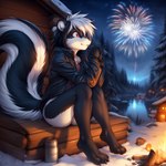 anthro black_body black_fur black_hair bottomless cabin clothed clothing female fire fireworks forest fur hair jacket lake mammal mephitid multicolored_body multicolored_fur multicolored_hair neutron_alchemist night partially_clothed plant red_eyes sitting skunk smile snow solo topwear tree two_tone_body two_tone_fur two_tone_hair two_tone_tail white_body white_fur white_hair winter