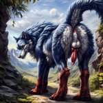 anatomically_correct anatomically_correct_genitalia animal_genitalia animal_penis anus balls blue_body blue_fur bodily_fluids butt canid canine canine_genitalia canine_penis canis cloud detailed detailed_background detailed_fur director_firewolf fel_(fenrir) feral fur furryrock_(model) genital_fluids genitals gloves_(marking) grass hi_res knot looking_at_viewer male mammal markings mountains paws penis plant precum presenting presenting_hindquarters raised_tail realistic realistic_fur solo throbbing_penis wolf