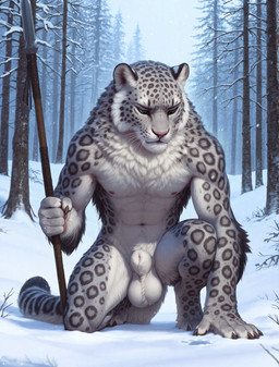5_fingers abs anthro arm_tuft ball_tuft balls biceps big_balls black_body black_fur black_tail_tip black_tuft body_hair branch cheek_tuft chest_tuft clawed_hands claws crotch_tuft digitigrade dipstick_tail facial_tuft fingers foot_tuft footprint fur genitals green_eyes grey_body grey_fur happy_trail holding_object holding_spear holding_weapon hunting inner_ear_fluff kneeling_on_ground leather_straps looking_at_object looking_down male markings melee_weapon multicolored_body multicolored_fur muscular muscular_anthro muscular_male muscular_thighs navel neck_tuft nipples obliques pawpads pawprint pecs pink_nipples pink_nose plant polearm serratus sheath_slit sheath_tuft snow snow_on_branches snow_on_ground snowing solo spear spots spotted_markings tail tail_markings toe_claws tree tuft uneven_balls weapon whisker_markings whiskers white_body white_fur white_tuft winter knotanotherfurry felid mammal pantherine snow_leopard 2025 absurd_res hi_res