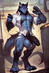 abs agreenfish anthro balls biceps big_balls big_claws big_muscles big_penis black_penis blue_body blue_fur claws clothed clothing coat digitigrade dragon finger_gun flaccid fluffy_fur fur furred_dragon genitals gesture hi_res huge_balls huge_penis hyper hyper_balls hyper_genitalia inside lab_coat looking_at_viewer male mane muscular muscular_anthro muscular_male open_clothing open_shirt open_topwear pecs penis shirt solo standing toe_claws topwear torn_clothing yellow_eyes yellow_sclera