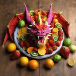 ambiguous_gender bowl container fangs feral food food_bowl frill_(anatomy) fruit green_eyes head_crest head_frill horn kiwifruit lemon lime orange_(fruit) pet_bowl plant plate solo strawberry teeth wings wood loganth dragon hi_res