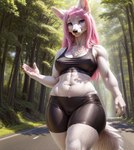 anthro breasts camel_toe canid female fur gym_clothing hair looking_at_viewer mammal melina_(traialas) outside pink_hair smile solo traialas white_body