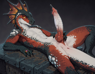 animal_genitalia animal_penis anthro anus athletic athletic_male big_penis black_body black_scales bodily_fluids claws dripping erection fin finger_claws frill_(anatomy) furgonomic furry-specific_piercing genital_fluids genital_slit genitals hand_on_knot hand_on_penis head_crest head_frill holding_knot holding_penis huge_penis hybrid_genitalia hybrid_penis jewelry knot leaking_precum long_penis looking_at_viewer lying male masturbation membrane_(anatomy) membranous_frill nude on_back penis piercing precum precum_drip precum_squirt presenting presenting_penis red_body red_scales ridged_penis ring ring_(jewelry) scales simple_background slit solo spreading tail thick_veins touching_penis vein veiny_knot veiny_penis white_body yellow_eyes anotheranon lizard lizardman reptile scalie absurd_res hi_res